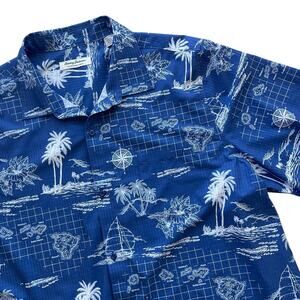 Tommy Bahama Men XXL Hawaiian Aloha Shirt Blue Palm Tree Map Print Short Sleeve